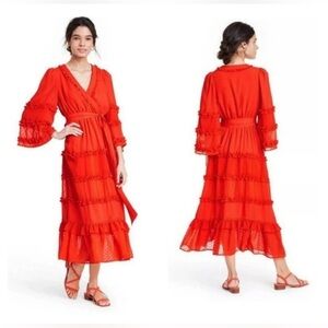ALEXIS x Target 3/4 Sleeve Tiered Ruffle Dress Orange Women's Size S V-neck